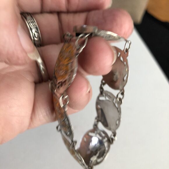 Vintage Siam Sterling Silver & Enamel Links Bracelet, Signed 6.5” 18 Grams - Picture 5 of 11